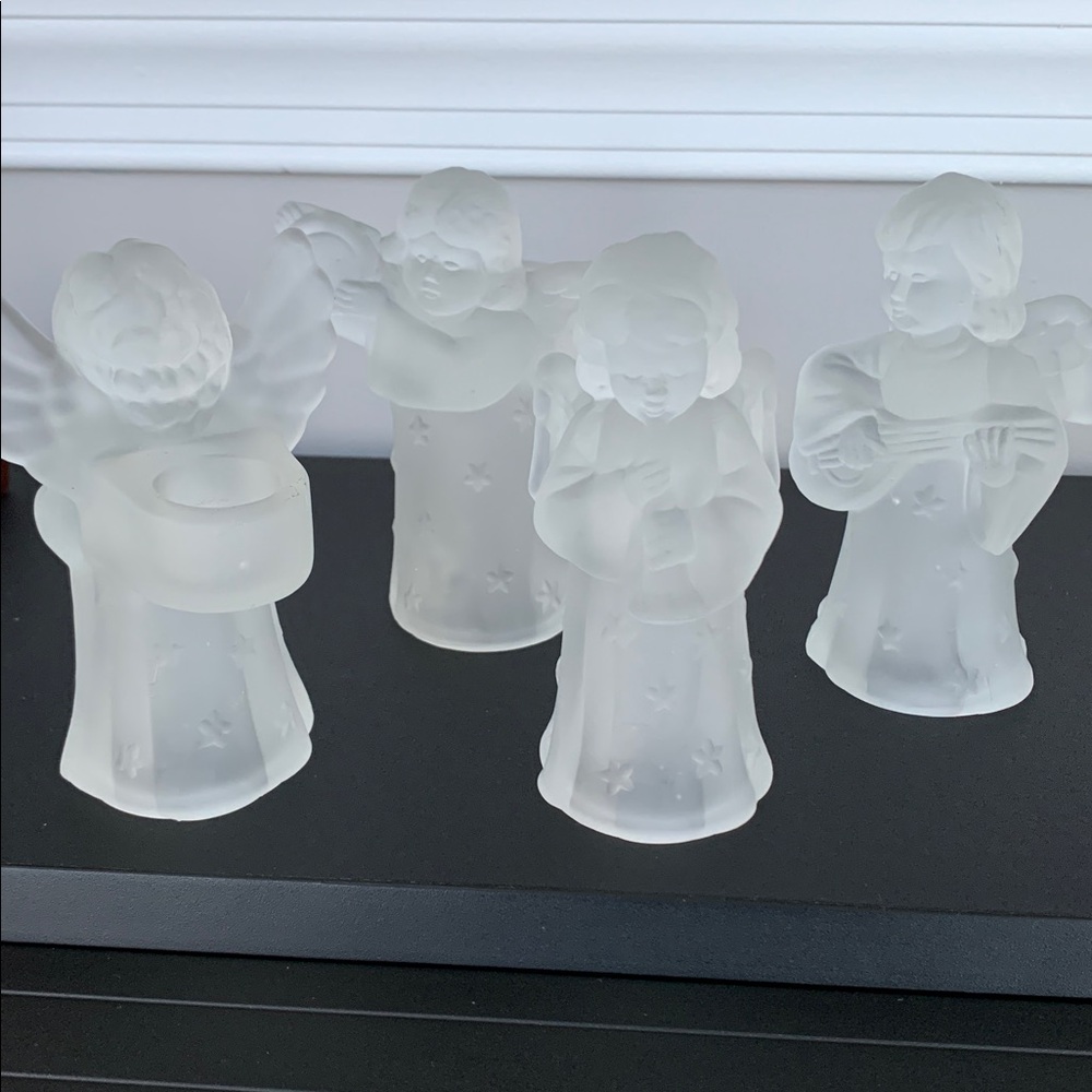 VTG. Frosted Glass Angel Figurines Taper candle Holders Set